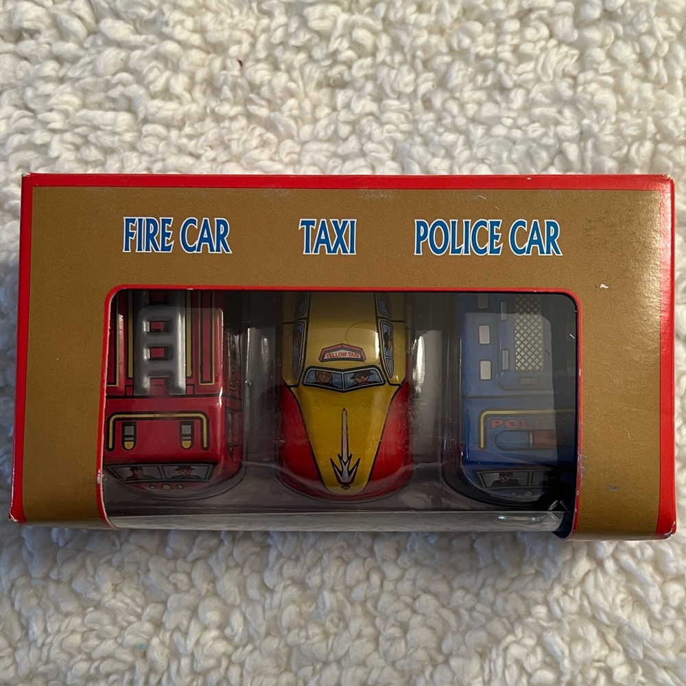 Ha Ha Collectible Wind-Up 3-Pack Metal Vehicles – Fire Car, Taxi, Police Car